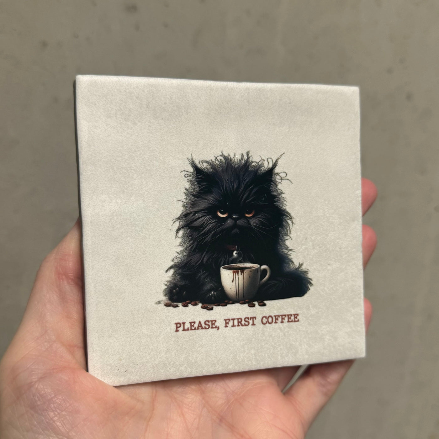 Label2X B.V. Tegeltje first Coffee grumpy cat Tegeltje first Coffee grumpy cat woonaccessoires homedecoratie