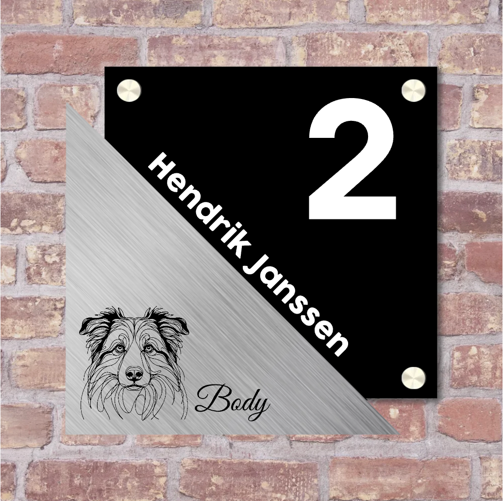 Label2X Naambordje rechthoek Naambordje voordeur met driehoek hondje Naambordje voordeur met driehoek hondje woonaccessoires homedecoratie